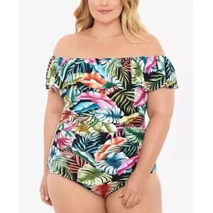 Swim Solutions EVENING PALM BLACK MULTI Ruffled One-Piece Swimsuit 22W NWT